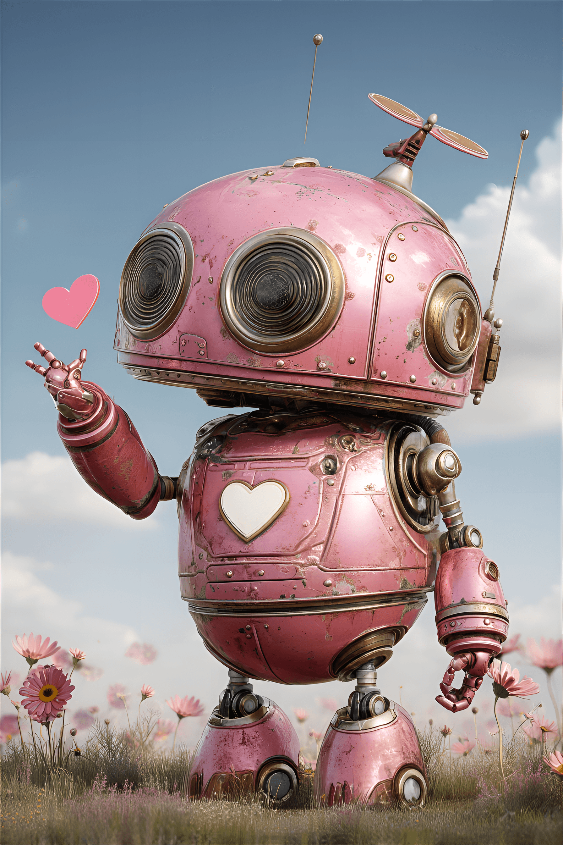 AI generated: funny caricature, cheerful robot, 2 years old, cute, curious, bubbly, round, bulbous body with exagg...