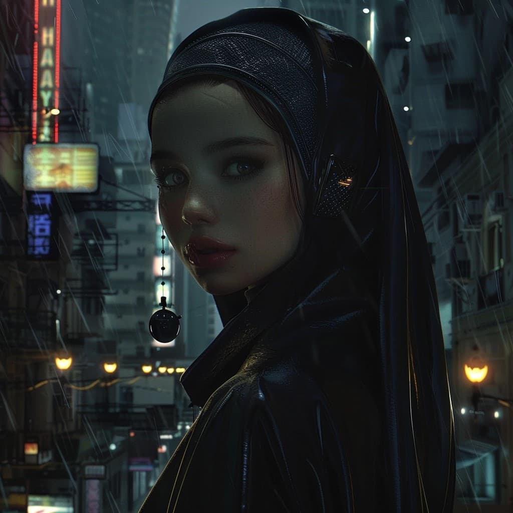AI generated: girl with the pearl earring, wearing cyberpunk outfit, bulky high tech earring, looking at viewer, d...