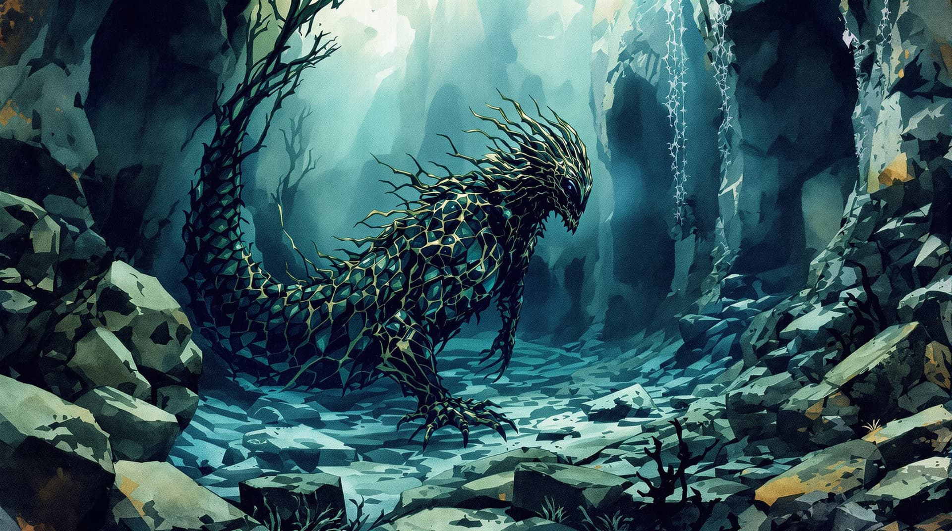 AI generated: Image is a cinematic, moody watercolor ink wash illustration featuring, underwater, verdigris, whims...