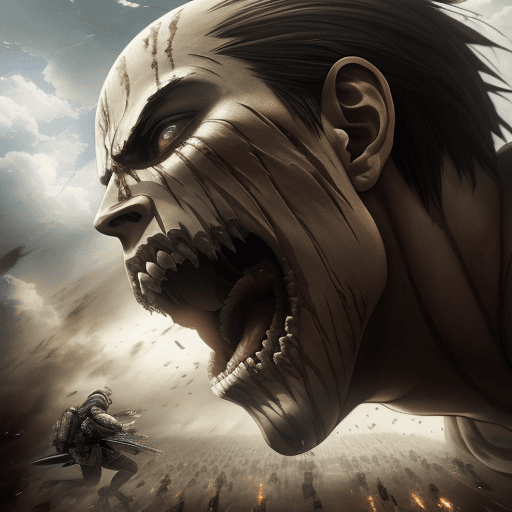 AI generated: masterpiece, cinematic scene, award winning, cinematic angle, Attack on titan, Levi versus armored T...