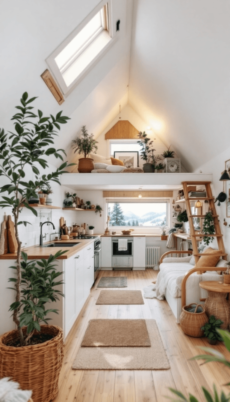 AI generated: photo of a tiny house with 2 floors, cozy white and wood interior, small space, minimalistic decor, ...