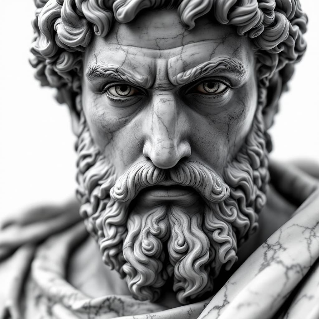 AI generated: closup Roman statue of aristoteles black and white made of marble, depicted with a powerful and maje...