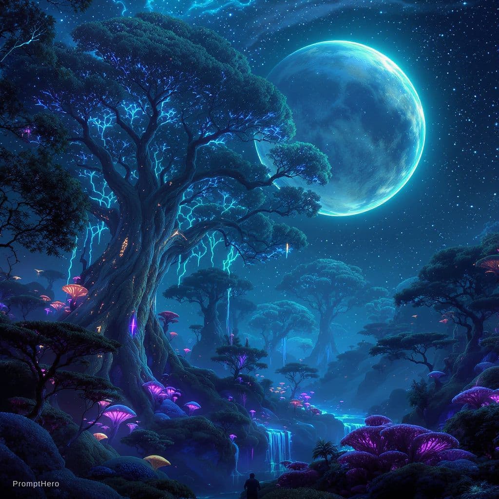 AI generated: A vertical view of an alien jungle, where massive glowing trees with blue and green bio-luminescent ...
