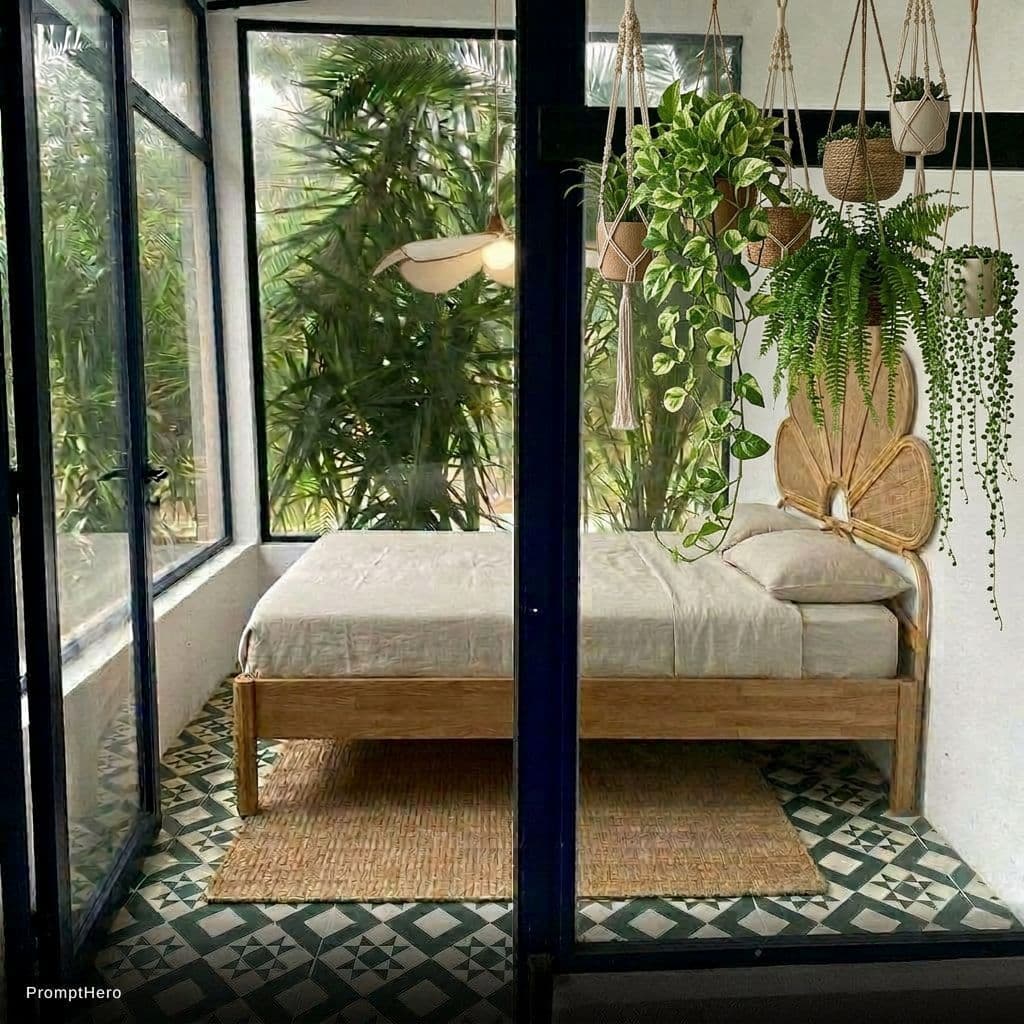 AI generated: Now add some hanging plants on the right hang side over the bed