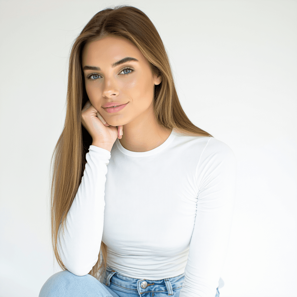 AI generated: The image features a young woman with long, straight hair, styled . She is wearing a fitted white lo...