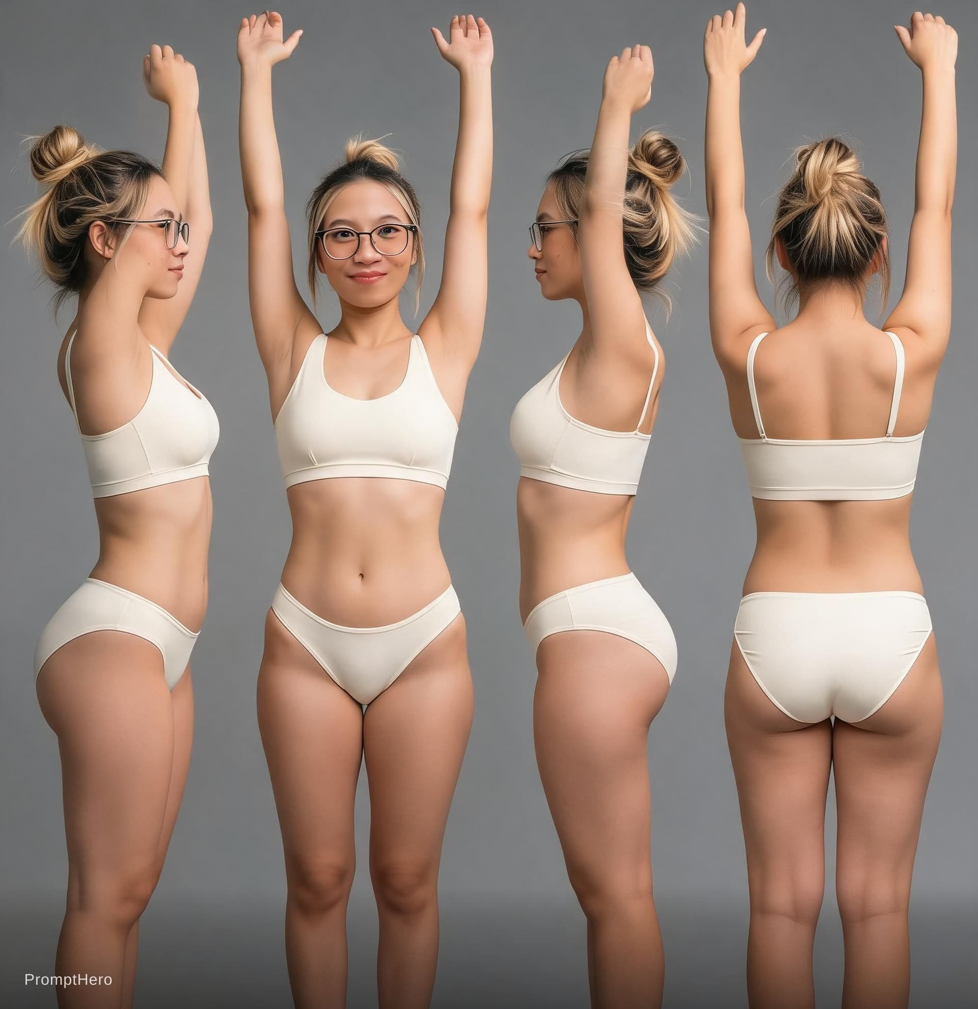 AI generated: change outfit to summer swimsuit. maintain outfit color.  raise both hands up on all four angle view...