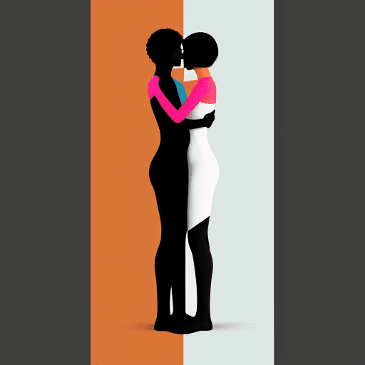 AI generated: MInimalist abstrac image of two people huging each other, one person behind the other, with a color ...