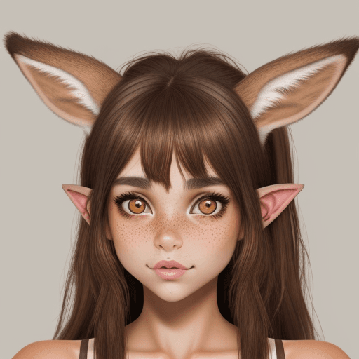AI generated: attractive deer girl with deer ears, big brown eyes, brown hair, tan skin, freckles, pierced nose an...