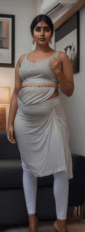 AI generated: indian, (flat_chest:1.5), woman, (plump:1.2), camisole, love handles, swollen gut, stomach bulge, ji...