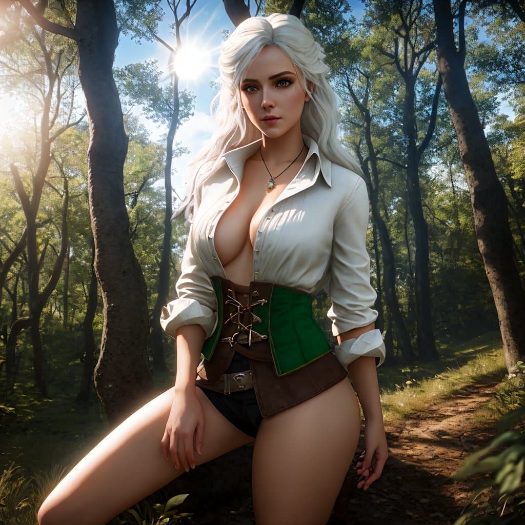 AI generated: georgeous female dressed like Princess Ciri from Witcher 3 game, long white hair, bright green eyes,...