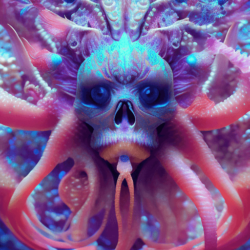 AI generated: Goddess close-up portrait ribcagel. jellyfish phoenix head, nautilus, orchid, skull, betta fish, bio...