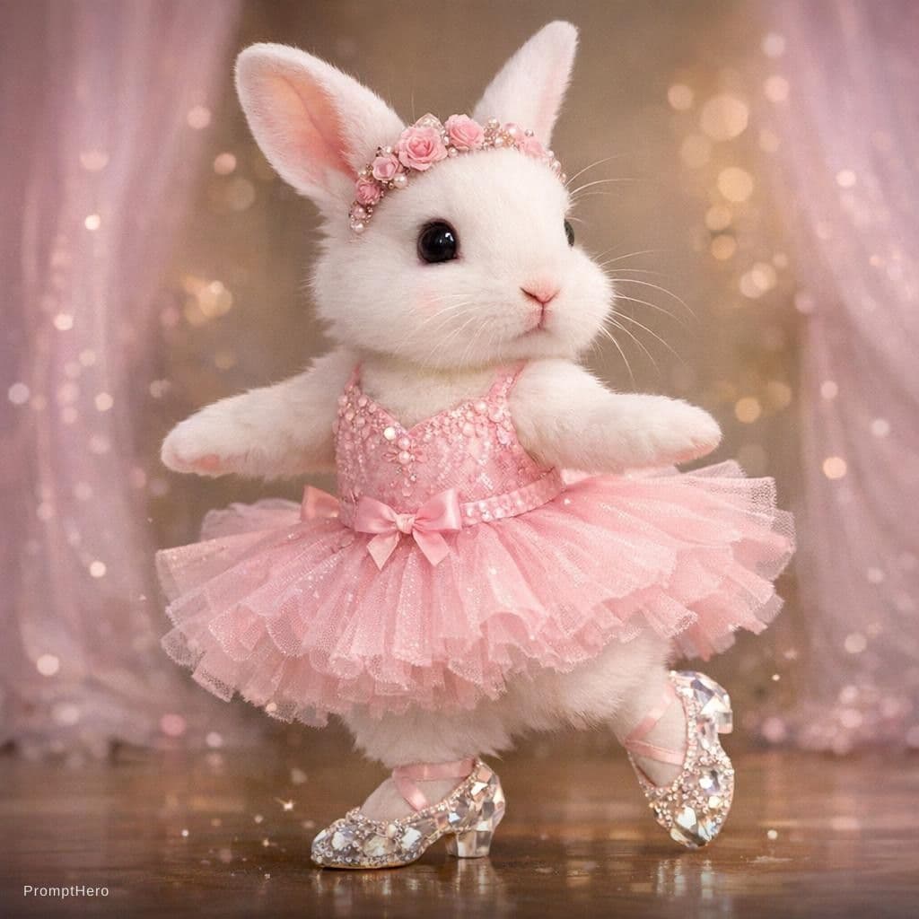 AI generated: A white rabbit with a pink dancing dress and crystal shoes