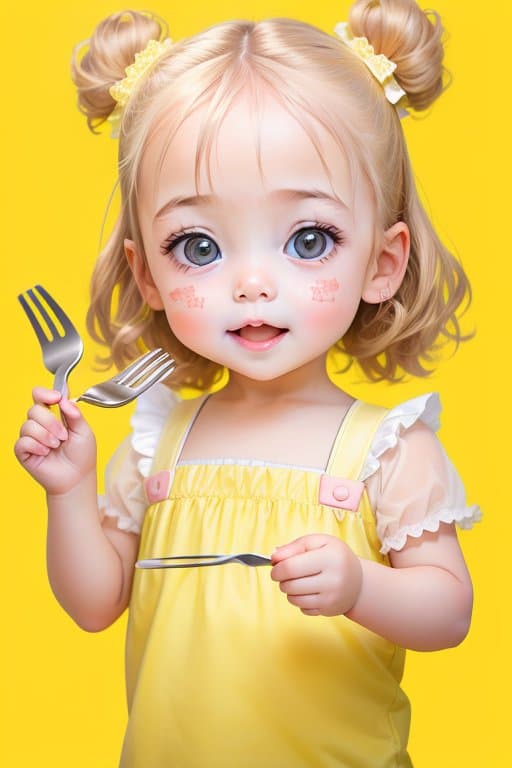 AI generated: portrait photography of a cute 3 years old British baby girl wearing a pastel outfit, holding a fork...