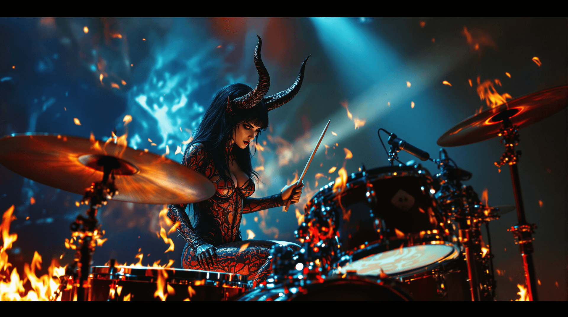 AI generated: Two female demon characters on a dark concert stage:
CHARACTER 1 - LAMAŠKATU (drummer):
A athletic f...