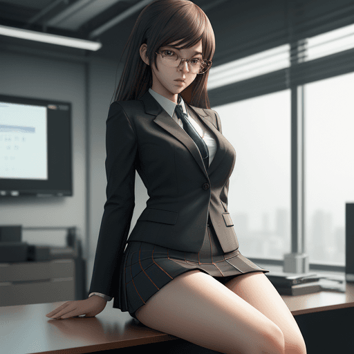 AI generated: Anime Style of a Girl sitting on desktop working office, wearing casual business clothes, suit set a...