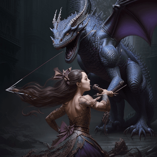 AI generated: prince holding his bow and arrow protecting his princess, a cruel and evil dragon is attacking them ...