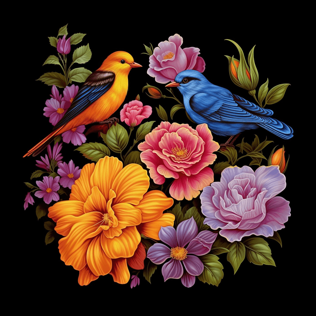 AI generated: A beautiful garden painting, flowers, birds, vector, tshirt illustration, by Arthur Sarnoff, Arabic,...