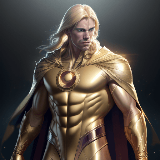 AI generated: male super hero named champion blond hair, no symbol, skin tight gold suit, golden cape, gold gloves...