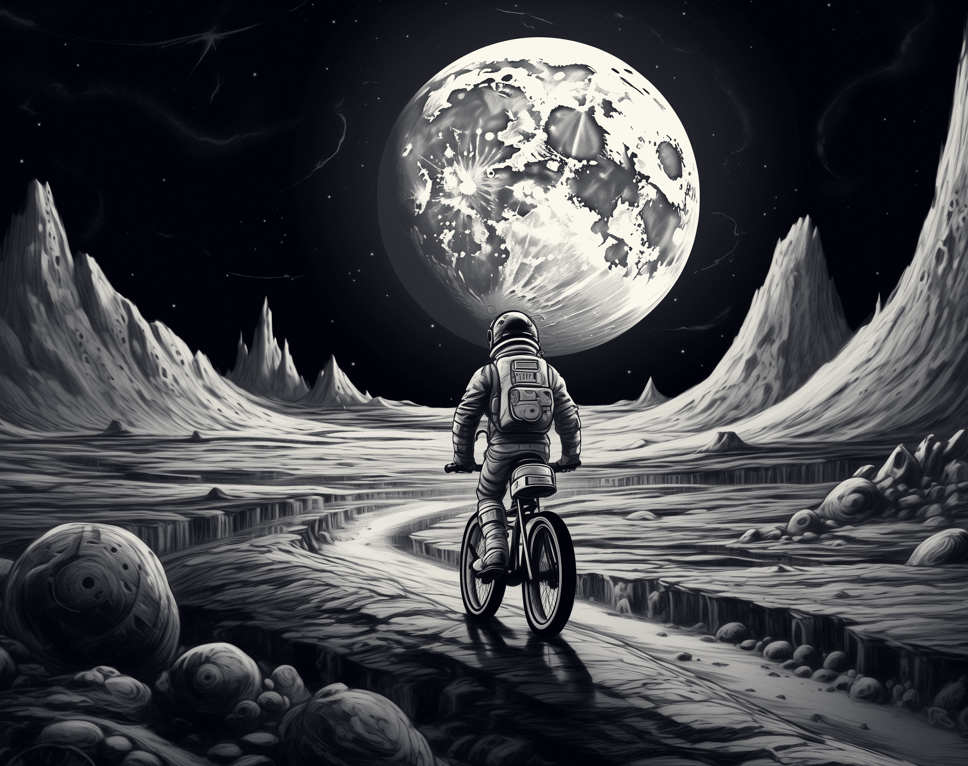 AI generated: An old black and white illustration shows an explorer on the moon with his bicycle. A rocket ship is...