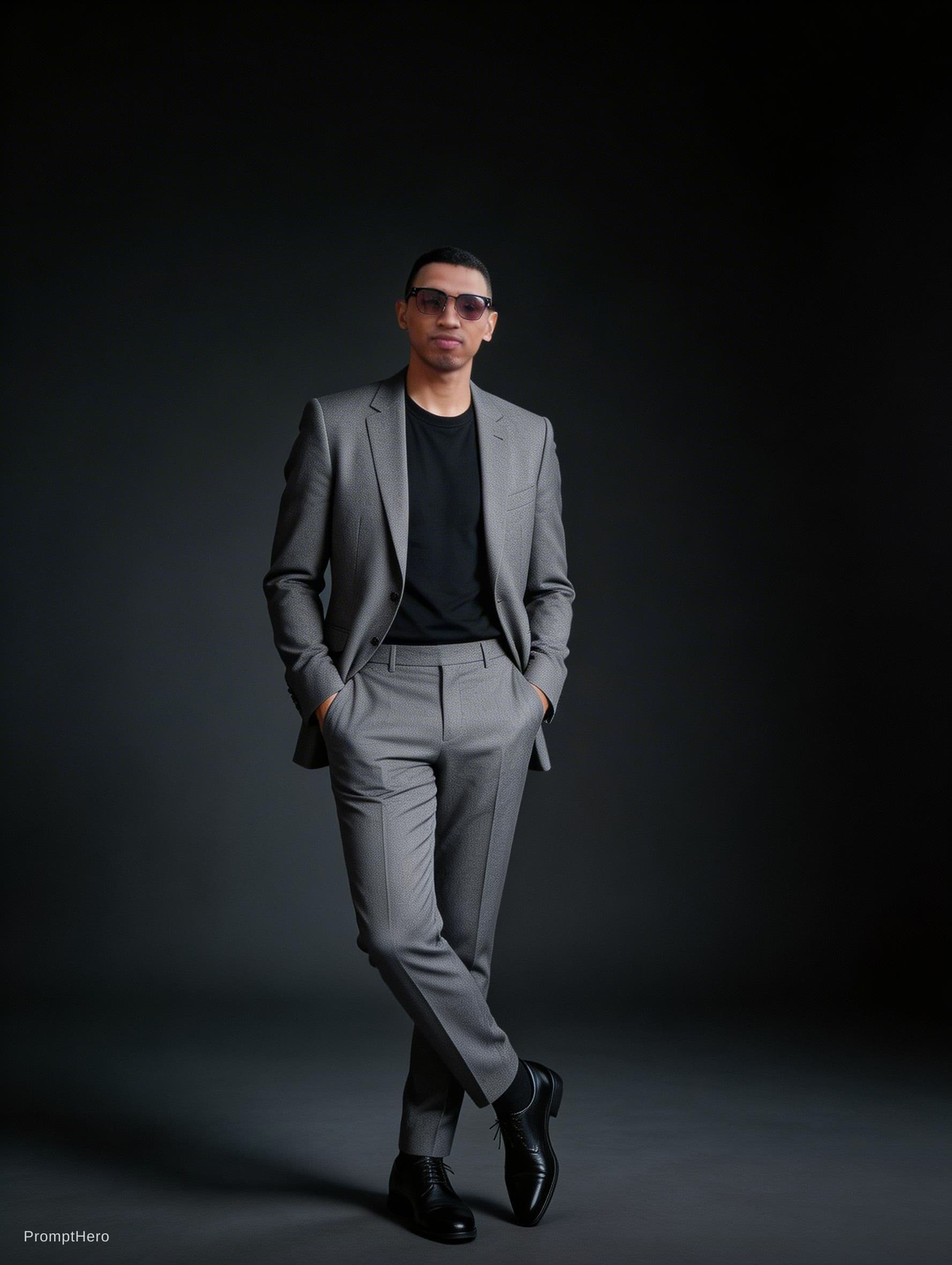 AI generated: "A stylish young man wearing a modern slim-fit grey suit with a black t-shirt inside, standing confi...