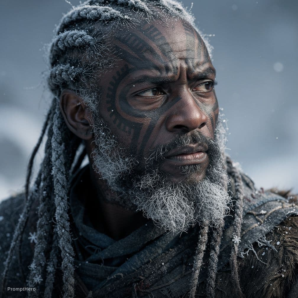 AI generated: Mature Black man, 50s-60s, with intricately patterned dark gray/black markings on his face, suggesti...