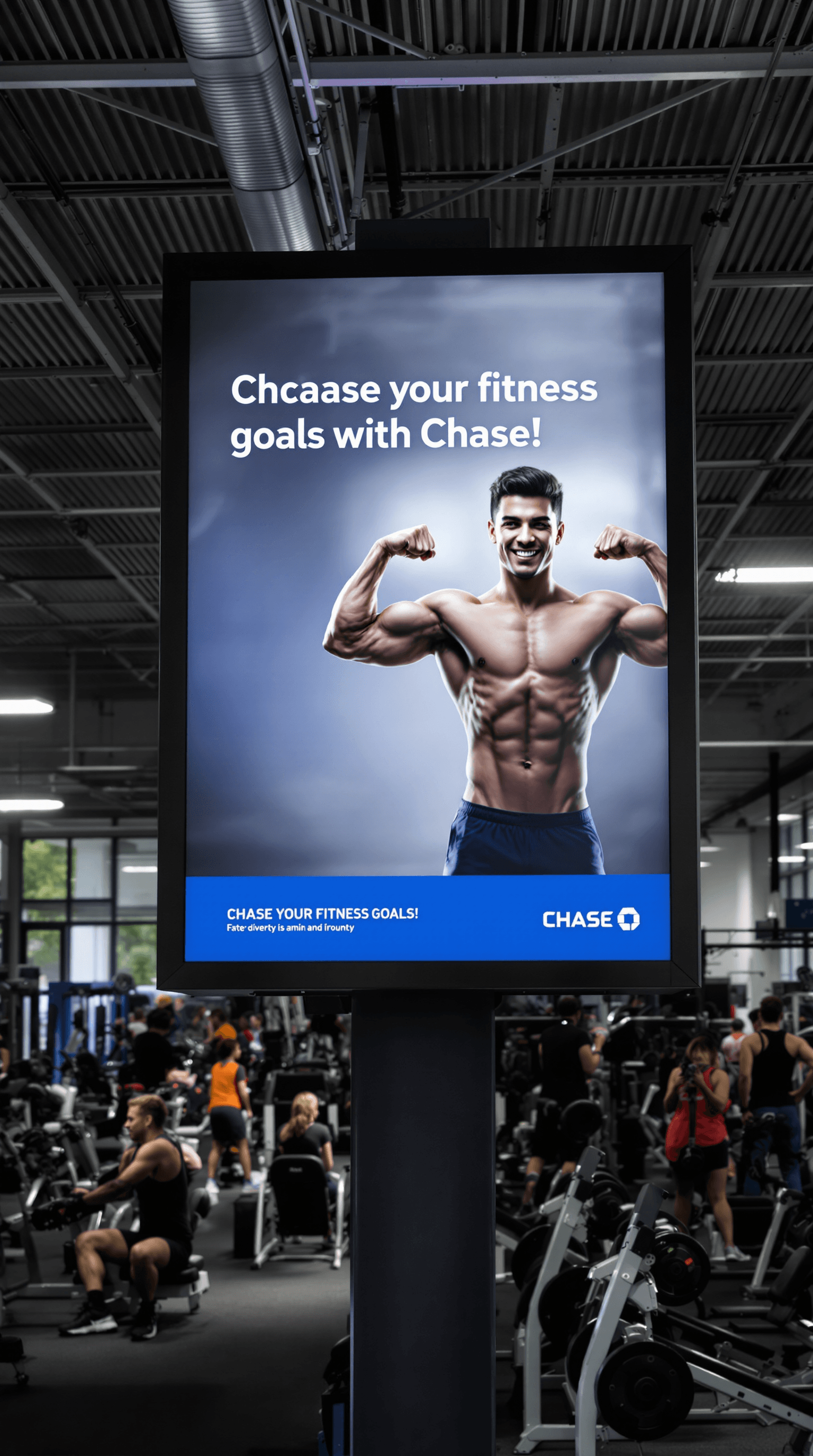 AI generated: A billboard that has a picture of a young man flexing his muscles with a slogan that says, chase you...