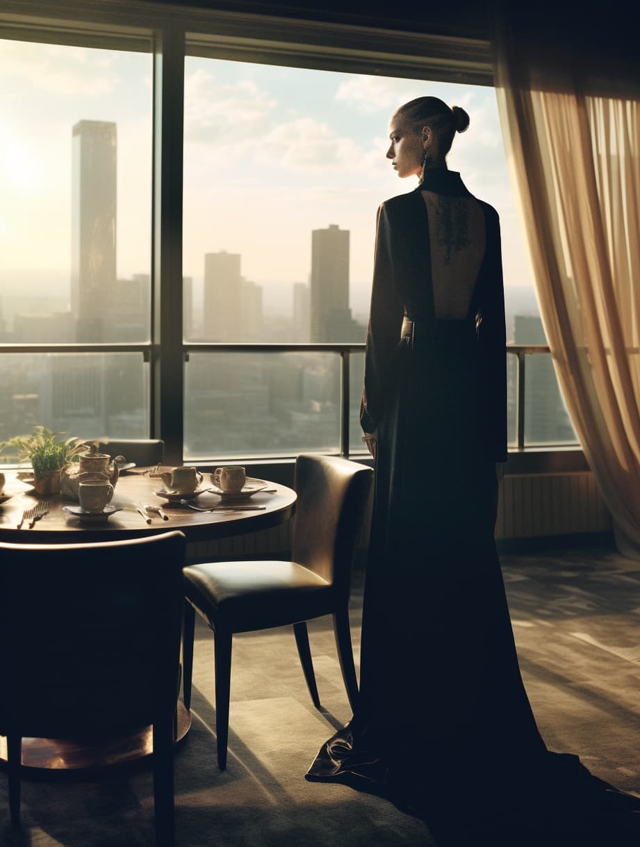AI generated: a woman standing in a room next to a table, vman magazine, wearing dramatic aristocrat robe, long - ...