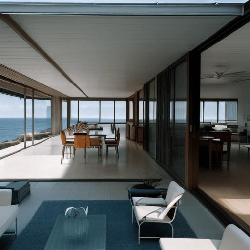 AI generated: Hyper realistic eye level exterior photo of a mid century modern style house overlooking the ocean, ...