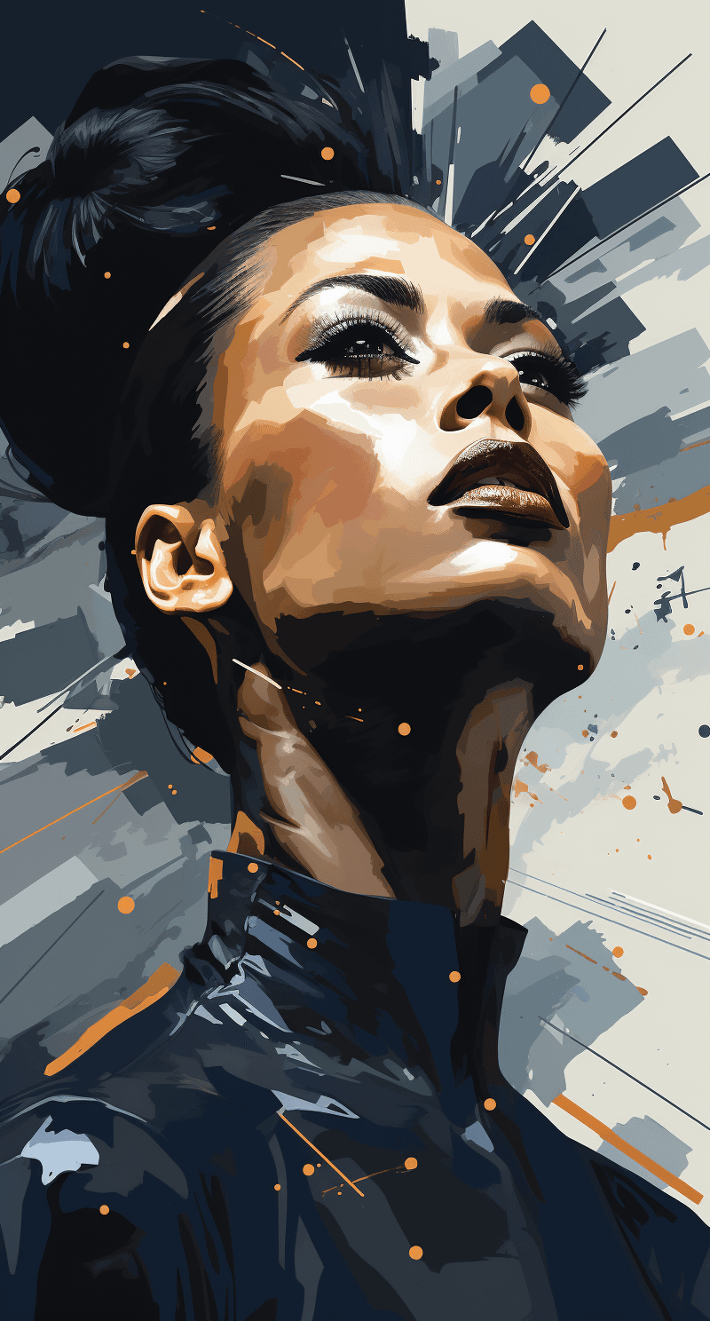 AI generated: the face of a female ballet dancer, in the style of asymmetrical balance, light black and navy, dyna...