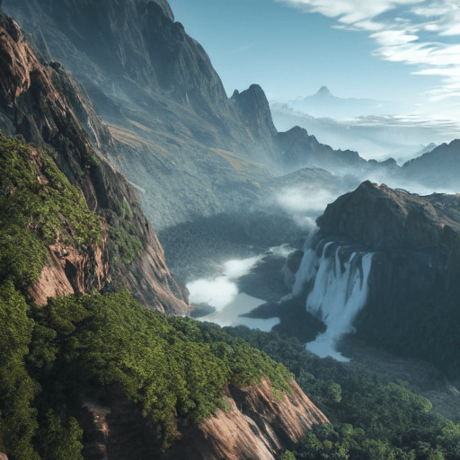 AI generated: the land above the clouds, waterfalls and mountains, landscape, HDR, volumetric lighting, fantasy,  ...