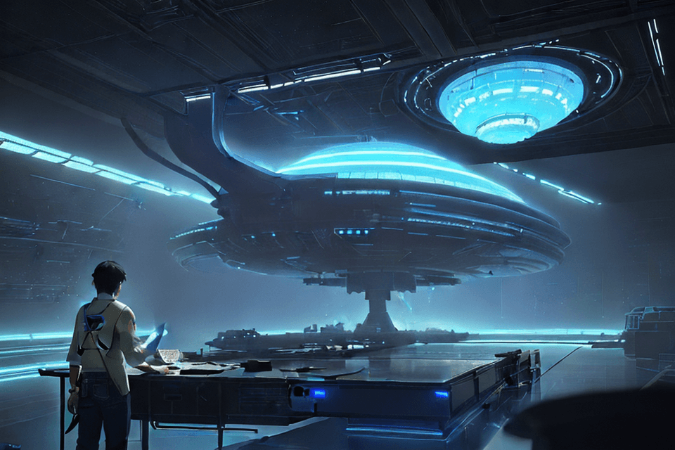 AI generated: sketches blueprint of futuristic sci-fi huge spacecraft, warp engines, formulas and annotations, sch...