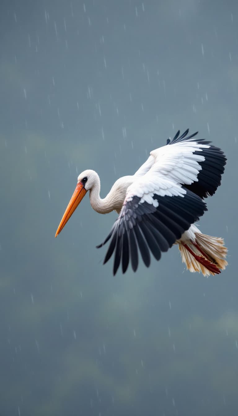 AI generated: The stork opens its wounded wings, shedding a few  feathers, and takes off with effort. Its dark ora...