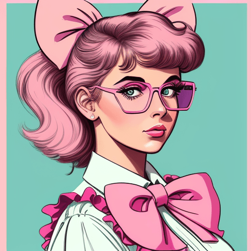 AI generated: (masterpiece, digital illustration, best quality), 1980s style, cute woman with pink glasses and a p...