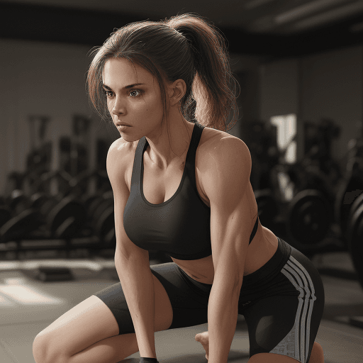 AI generated: Photorealistic portrait of a woman in a fitness gym, wearing a cropped t-shirt and gym shorts. She i...