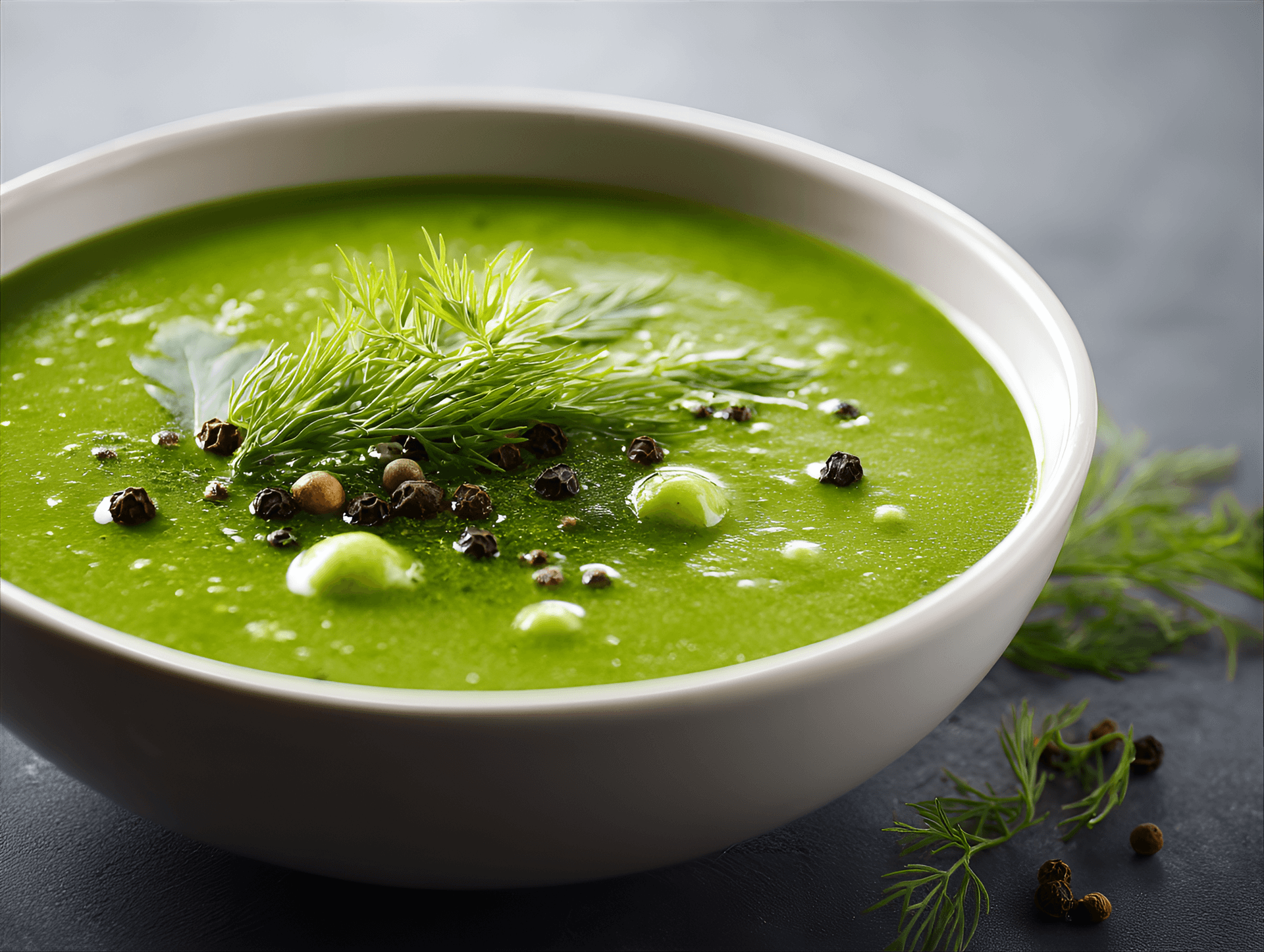 AI generated:  vibrant green soup,  smooth and creamy, garnished with fresh dill sprigs and small, bright green he...