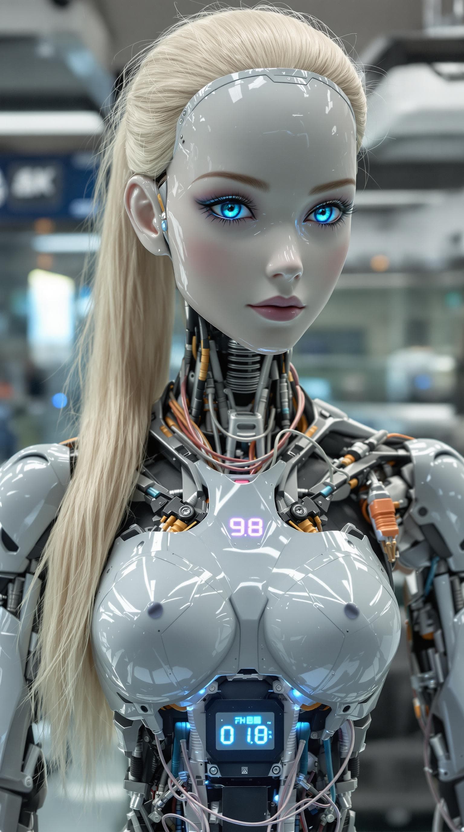 AI generated: exceptionally beautiful blonde hair blue eyed (age 9), artificial intelligence robot, (futuristic),(...