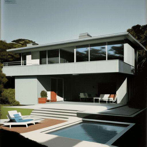 AI generated: Hyper realistic eye level exterior photo of a mid century modern style house overlooking the ocean, ...