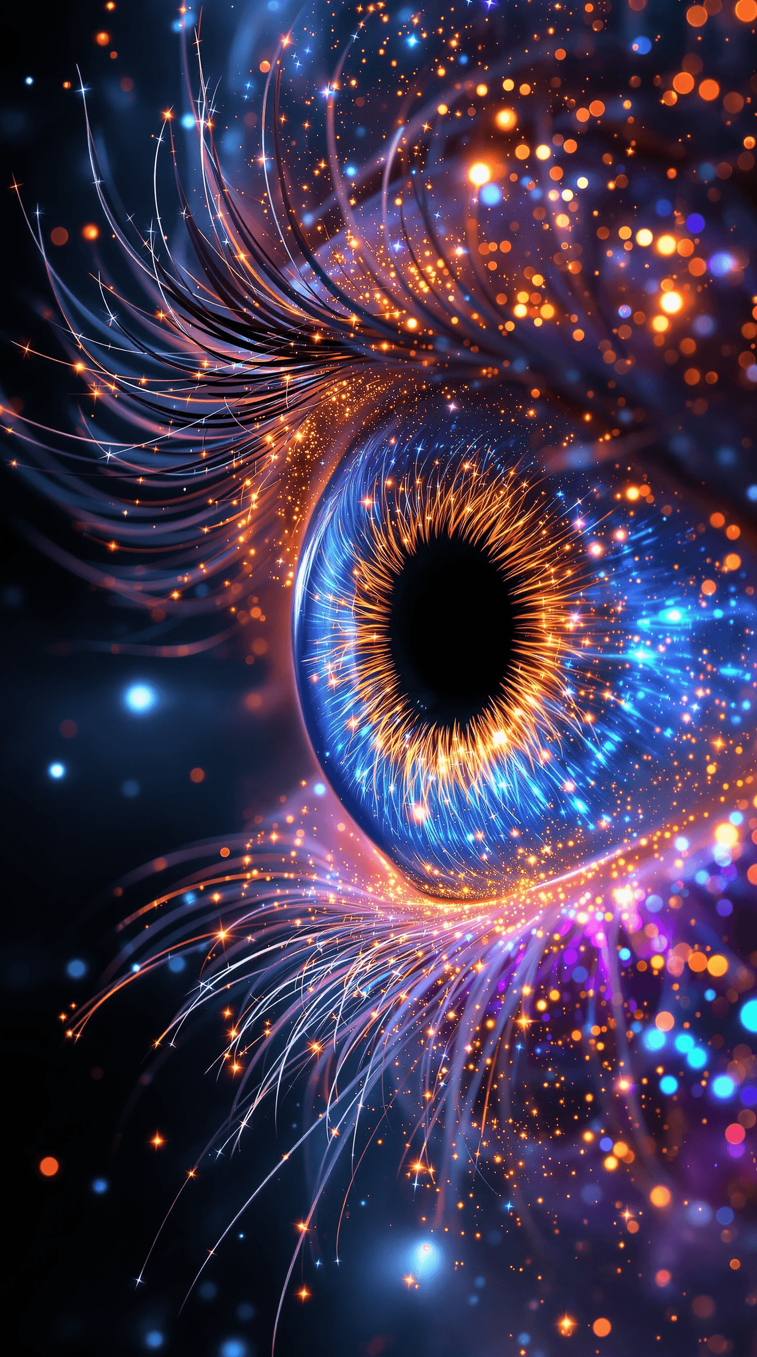 AI generated: A breathtakingly **surreal cosmic eye**, composed entirely of **vibrant, glowing light particles** a...