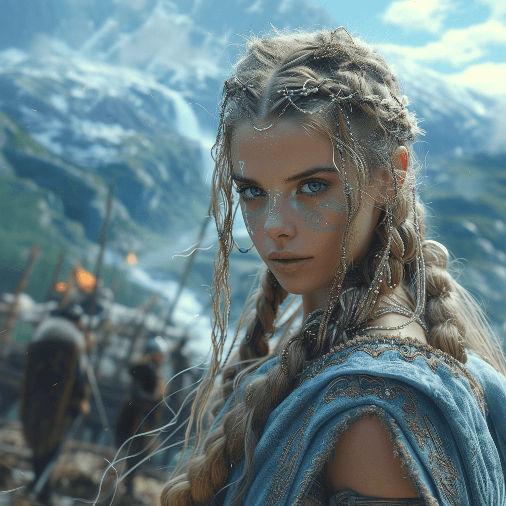 AI generated: beautiful nordic viking princess, she is in her homeland with beautiful mountains and waterfall