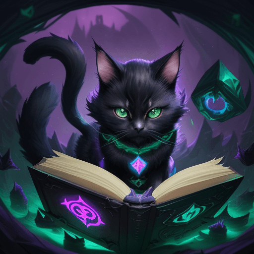 AI generated: League of Legends, Yuumi cat perched gazing on a large, open, floating spell book, black fur with th...