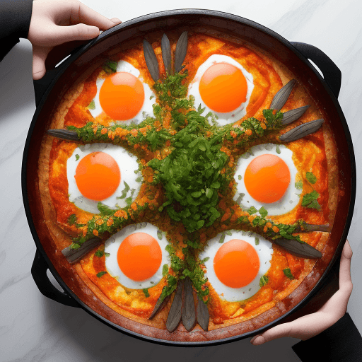 AI generated:  Food photography, shakshuka, top view, in a luxurious Michelin kitchen style, studio lighting, dept...