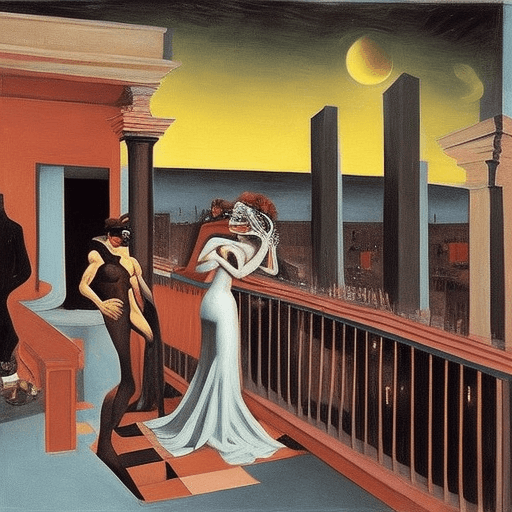 AI generated: wild party with masked Venus and her lascivious boyfriend on the chaotic Roof terrace at night, oilp...