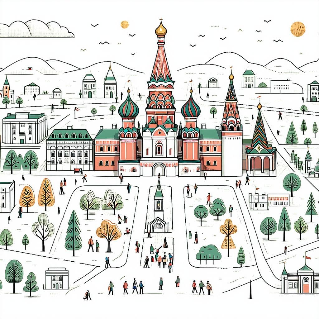 AI generated: a map of moscow on a white background, moscow, travel guide, drawing for children, squere format, , ...