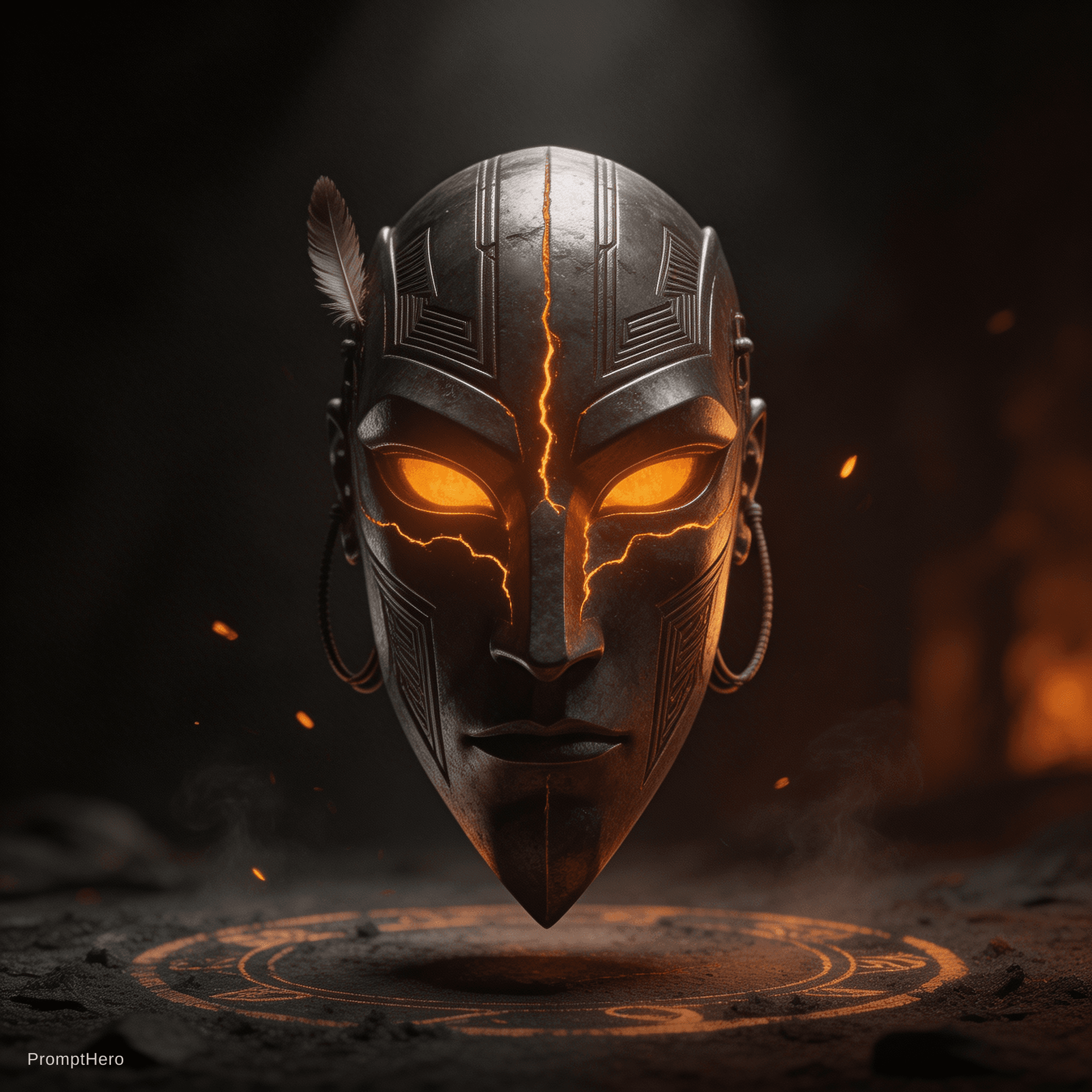 AI generated: A hyper-detailed cinematic album cover featuring a vertically dominant tribal metal mask as the cent...