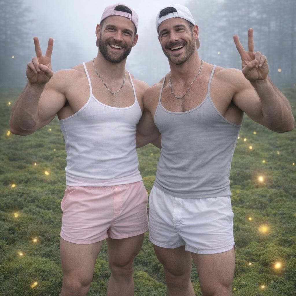 AI generated: Make these men standing in mossy field while holding peace signs up with their hands with happy expr...