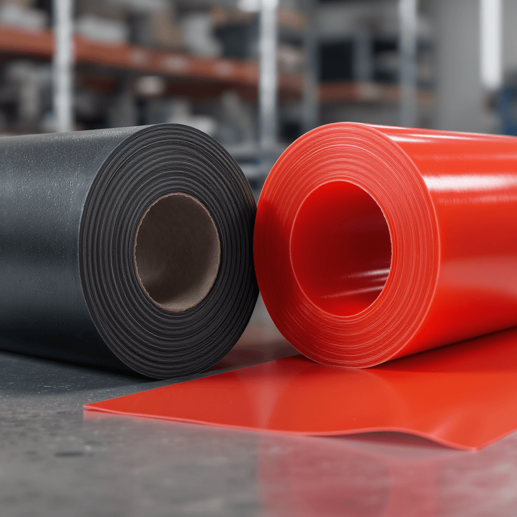 AI generated: "Ultra-realistic industrial nitrile rubber and silicone sheet rolls for gaskets and seals, high-reso...