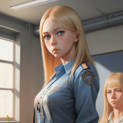 AI generated: a girl with blond hair and blue eyes standing in a school, a detailed painting by WLOP, featured on ...