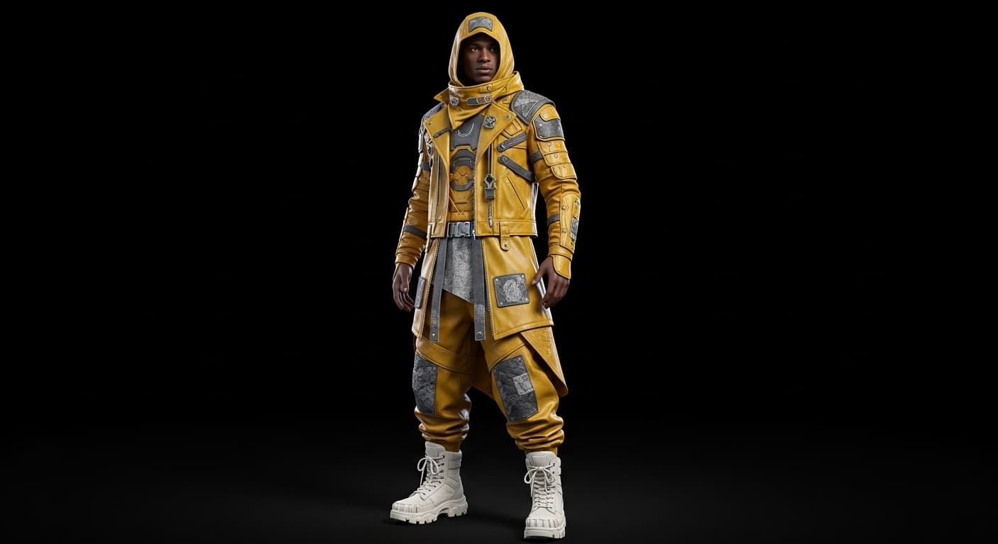 AI generated: Dark-skinned male figure, mid-20s,  wearing a stylized,  yellow, leather-like,  multi-layered  outfi...