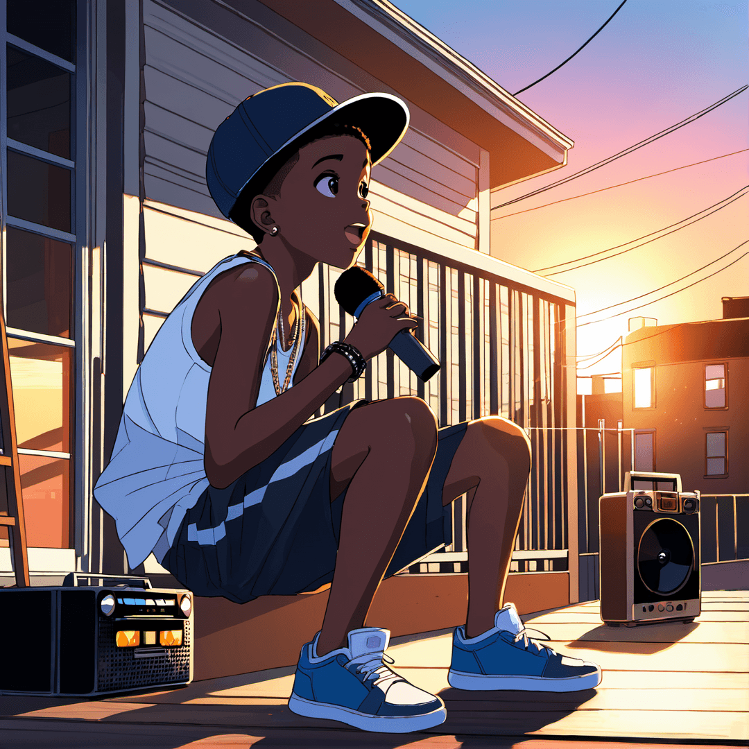 AI generated: black young boy sitting on the porch, rapping with his friends, anime, boombox, Harlem backdrop, kid...