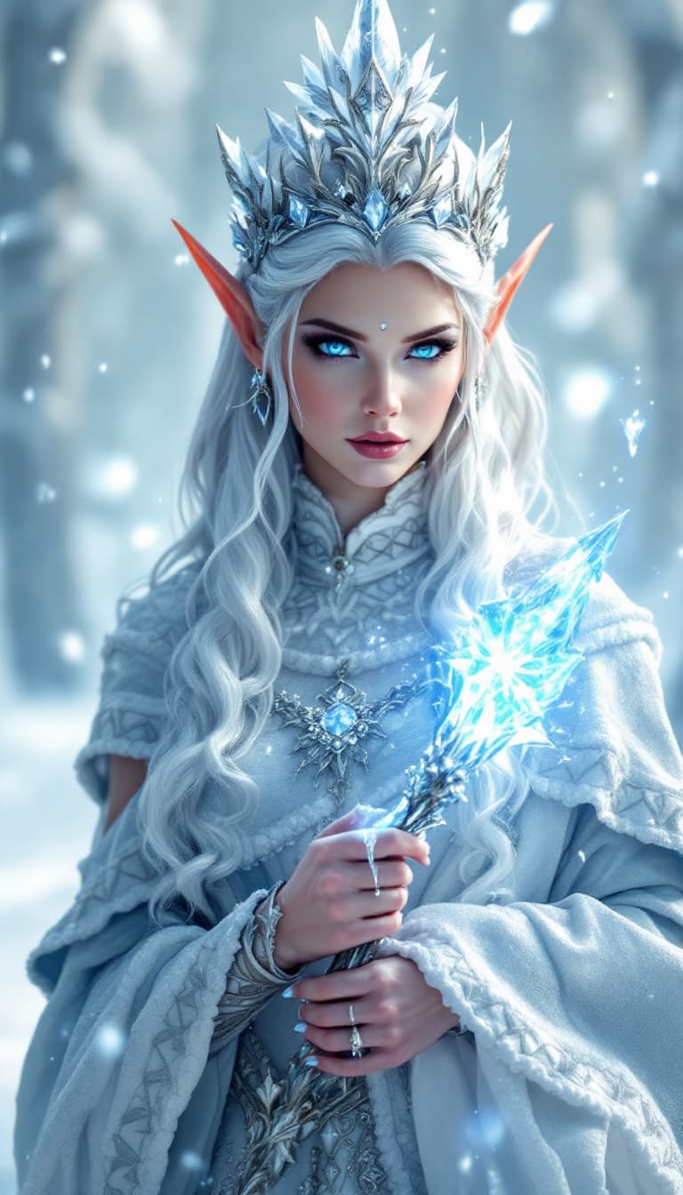 AI generated: A regal elf queen with silver hair and piercing blue eyes, wearing an ornate crown of ice, holding a...